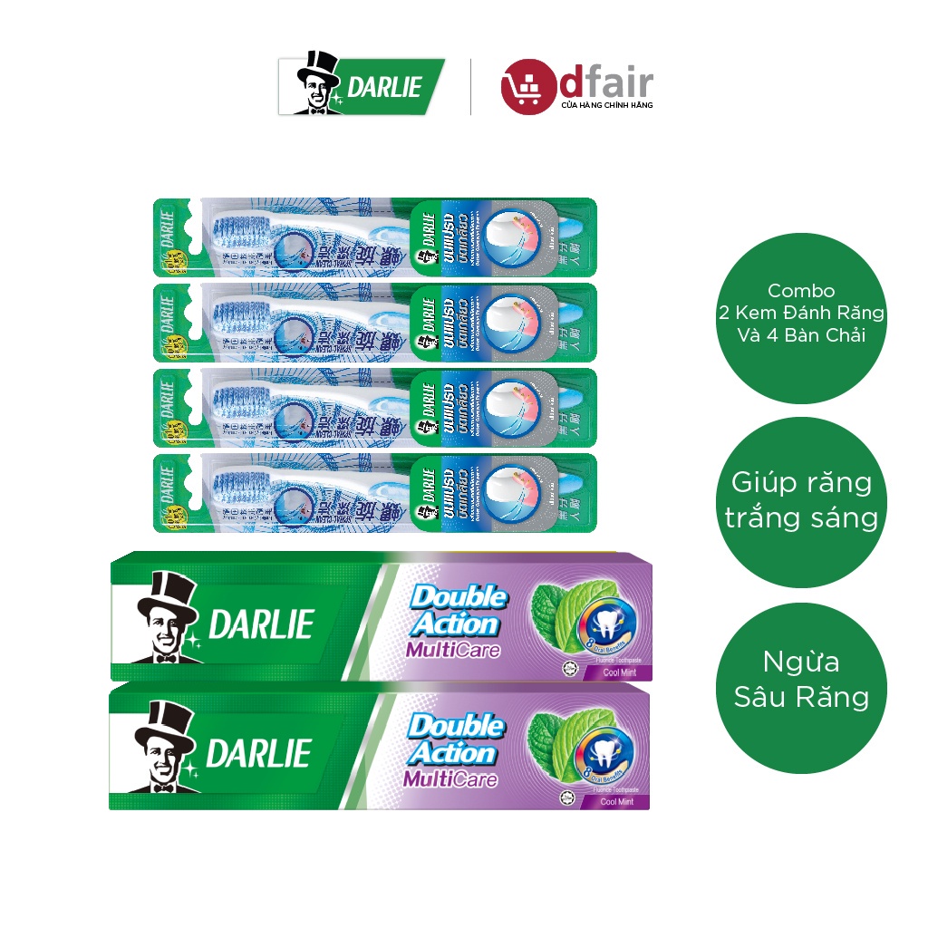 Bộ 2 Kem Đánh Răng Darlie Double Action Multicare 180g và 4 Bàn Chải Spiral Clean