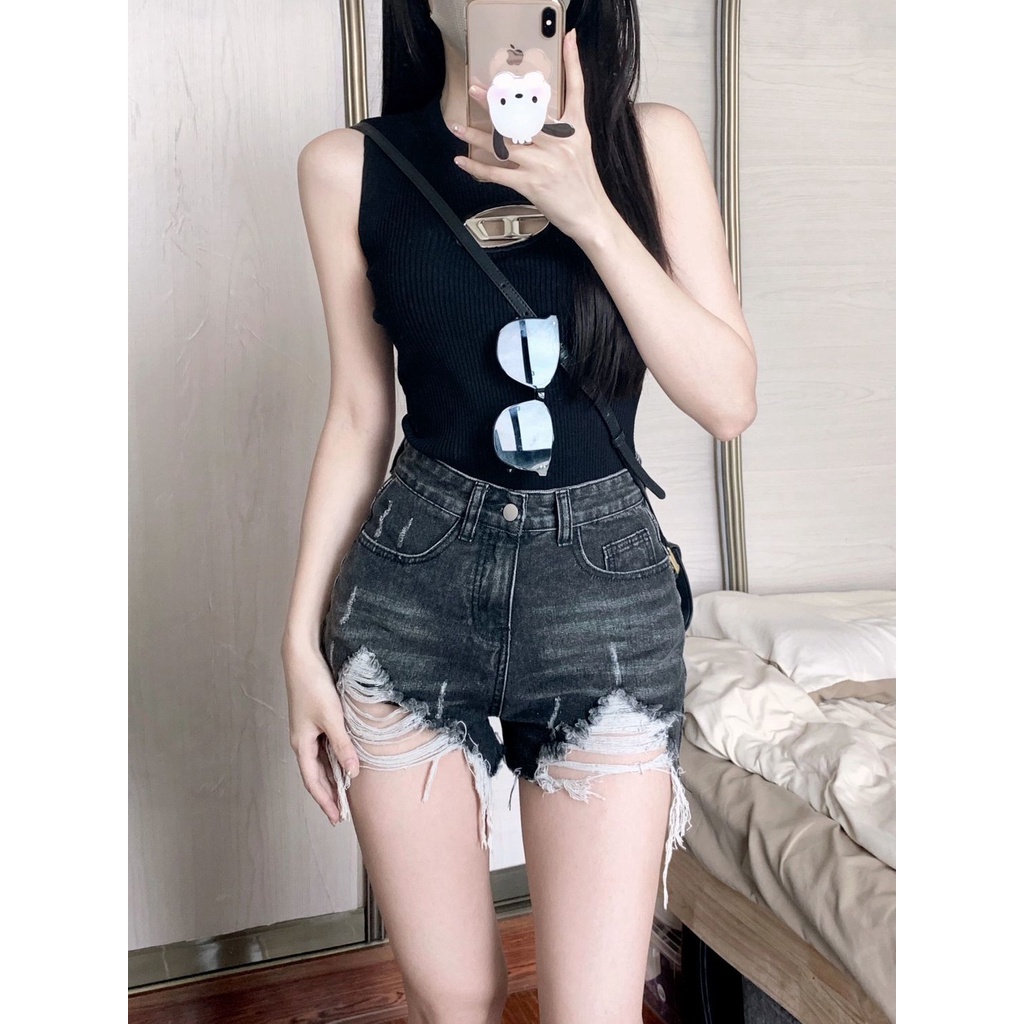 Jiashucheng Quần Short Denim Lưng Cao Dáng Chữ a Phối Rách Màu Đen Xám Thời Trang Mùa Hè 2023 Cho Nữ
