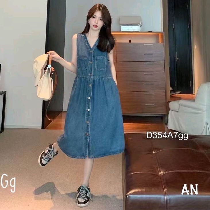 Váy Bò 3 Lỗ Sát Nách Dáng Dài Cúc Dọc, Đầm Jean Xanh Babydoll Dáng Dài Tiểu Thư Siêu Xinh -V5457