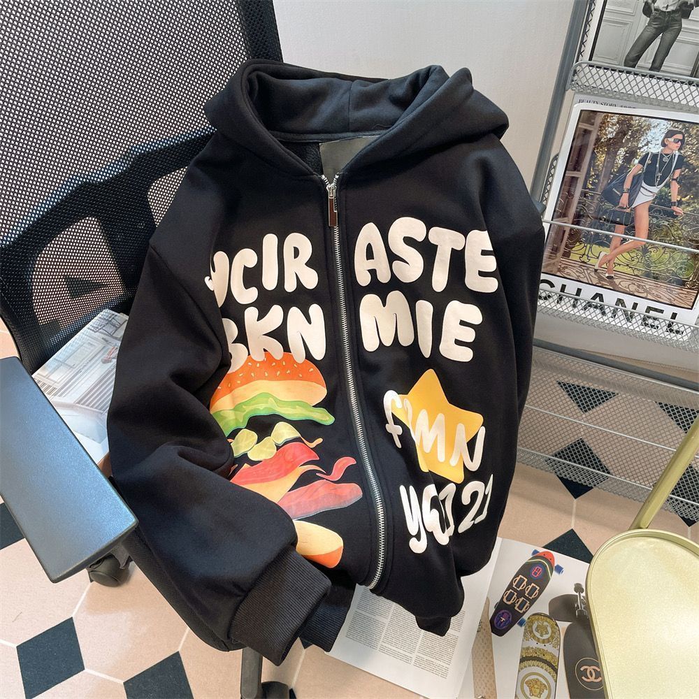 Áo Khoác Cardigan Có Mũ Dáng Rộng In Hình Burger Kiểu Mỹ Cho Cặp Đôi