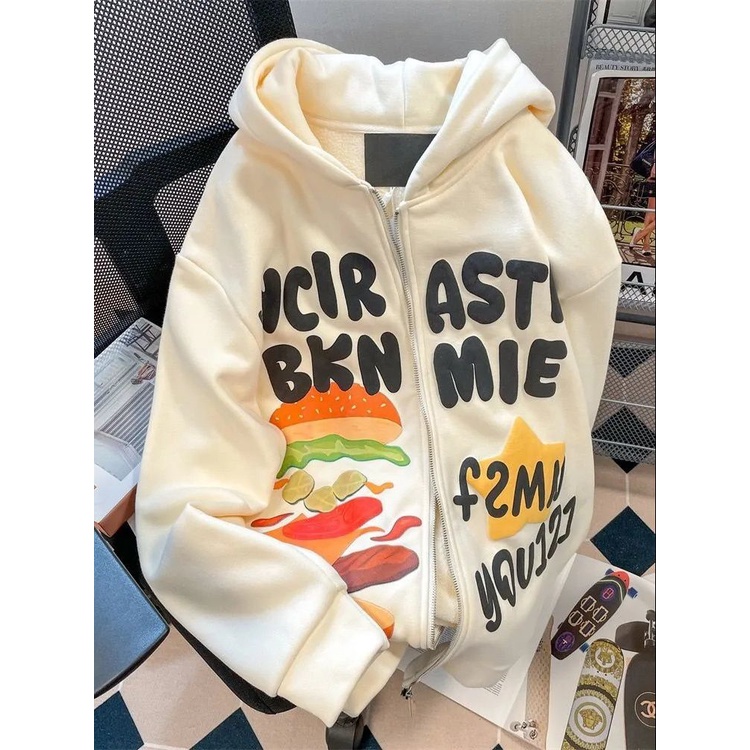 Áo Khoác Cardigan Có Mũ Dáng Rộng In Hình Burger Kiểu Mỹ Cho Cặp Đôi