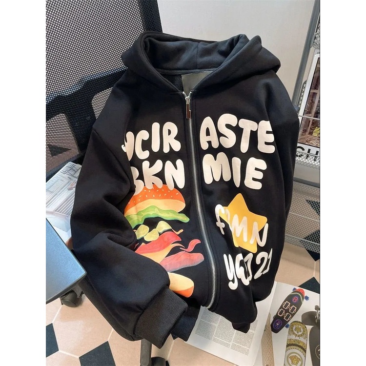 Áo Khoác Cardigan Có Mũ Dáng Rộng In Hình Burger Kiểu Mỹ Cho Cặp Đôi