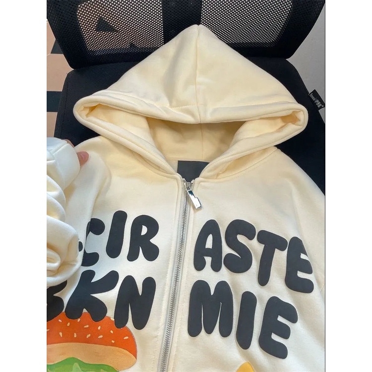 Áo Khoác Cardigan Có Mũ Dáng Rộng In Hình Burger Kiểu Mỹ Cho Cặp Đôi