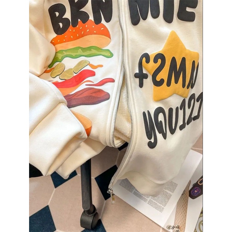 Áo Khoác Cardigan Có Mũ Dáng Rộng In Hình Burger Kiểu Mỹ Cho Cặp Đôi