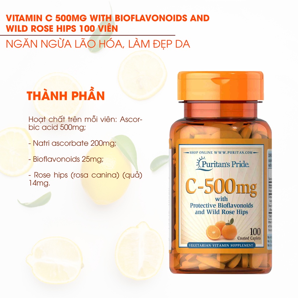 Bổ sung Vitamin C-500 mg with Bioflavonoids & Rose Hips, hỗ trợ làm đẹp da, tăng cường hệ miễn dịch
