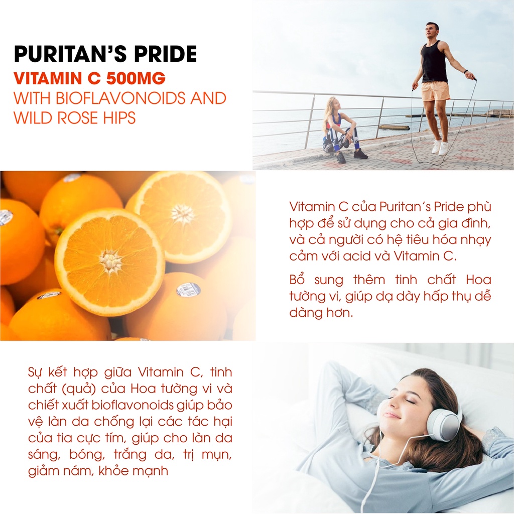 Bổ sung Vitamin C-500 mg with Bioflavonoids & Rose Hips, hỗ trợ làm đẹp da, tăng cường hệ miễn dịch