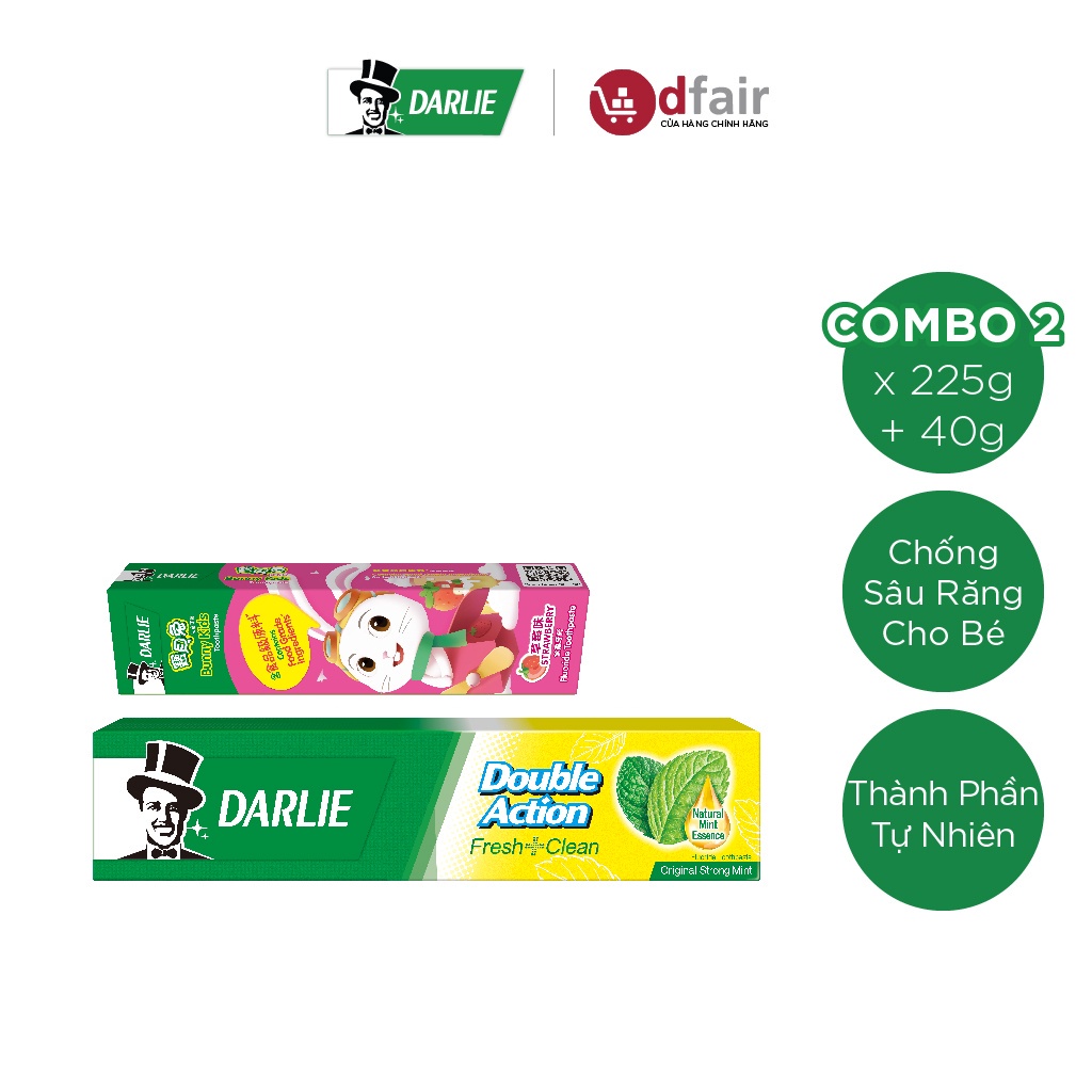 Bộ 2 Kem Đánh Răng Darlie Double Action Fresh Clean 225g + Bunny Kids Strawberry 40g