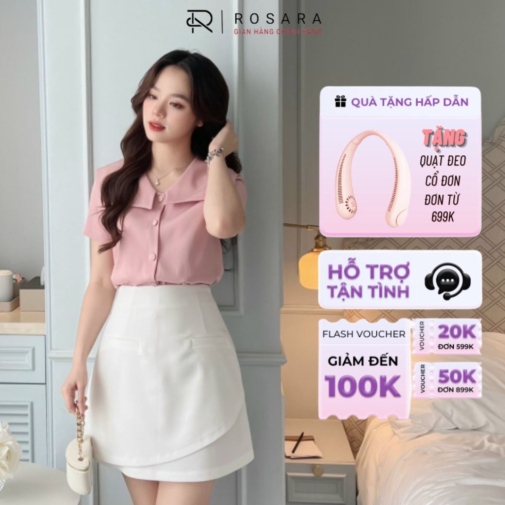 Áo Sơ Mi Hồng Ngắn Tay Cổ Vạt Vuông Thời Trang Nữ Rosara SM188
