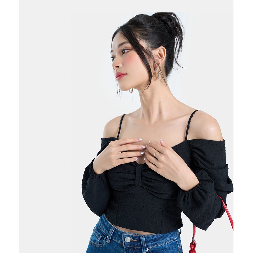 Áo Kiểu Nữ Thời Trang HNOSS Crop Top Bẹt Vai Tay Phồng HNAKI072