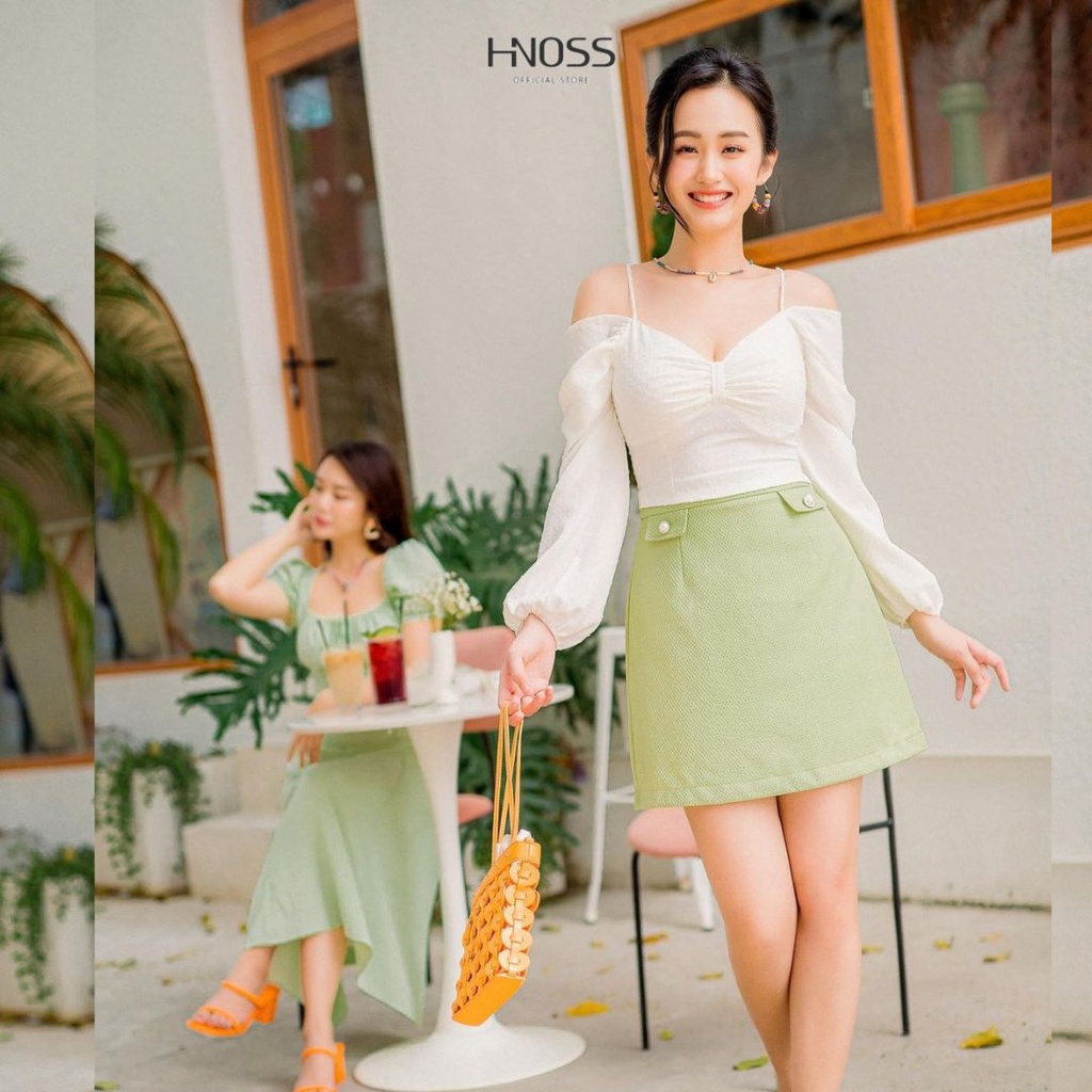 Áo Kiểu Nữ Thời Trang HNOSS Crop Top Bẹt Vai Tay Phồng HNAKI072