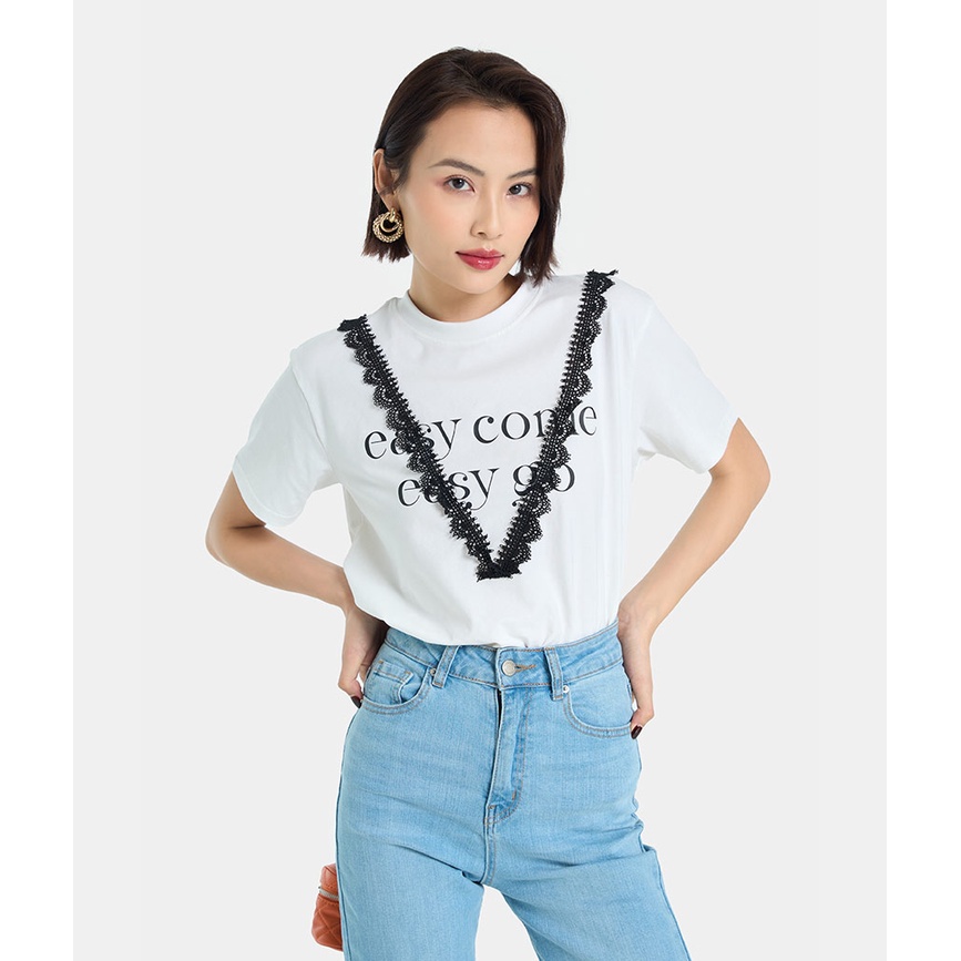Áo Thun Nữ Thời Trang HNOSS Thiết Kế Viền Ren Chữ V HNATH035
