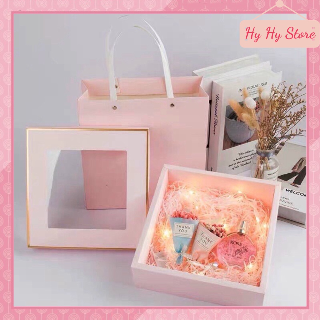 {23x23x8cm]Hộp đựng quà nắp gương kèm túi 1 mặt trong suốt quai cói đủ màu sắc