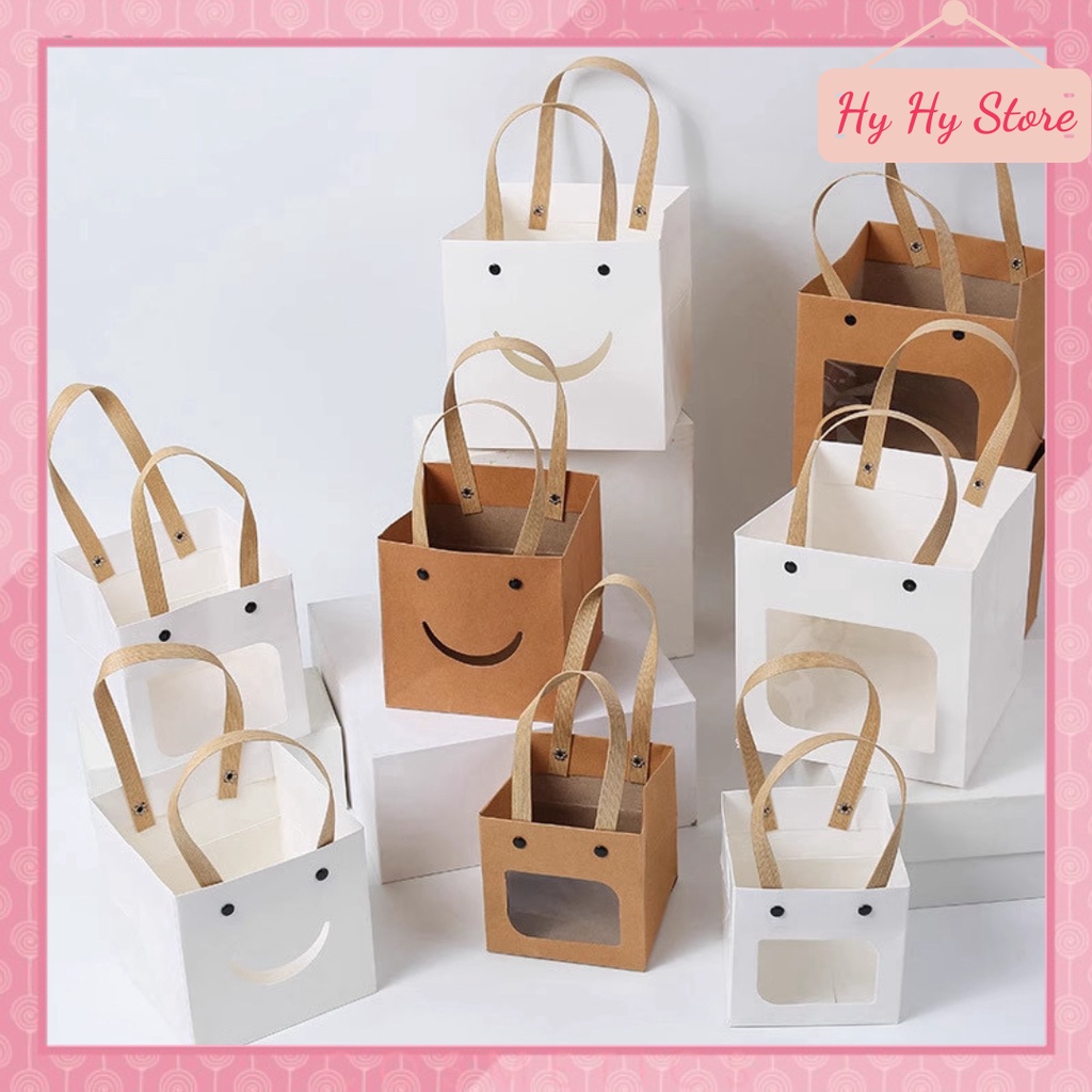 Túi đựng quà khối vuông 1 mặt trong suốt quai cói Hy Hy Store