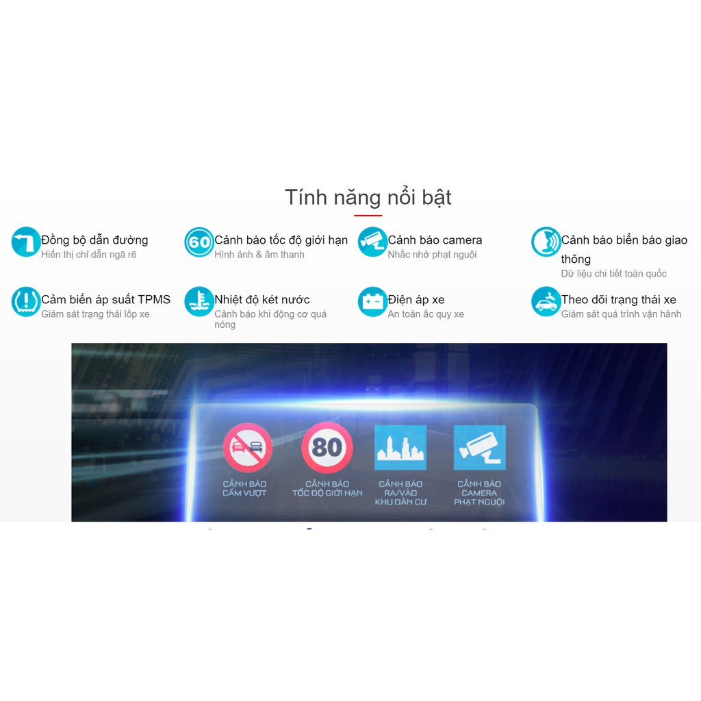 H1AS - Màn hình HUD Cảnh báo giao thông dẫn đường  Live - Báo áp suất lốp