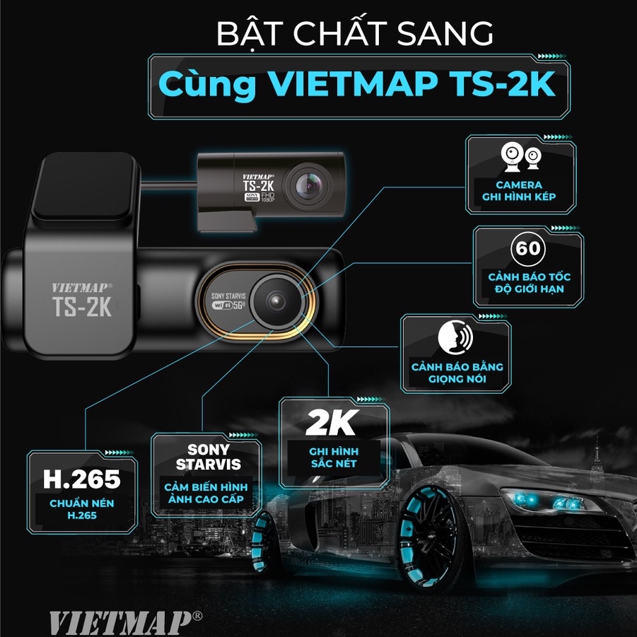 Camera hành trình Vietmap TS-2K kèm sạc ACC - Cảnh báo giao thông bằng giọng nói ghi hình trước sau  - Hàng chính hãng