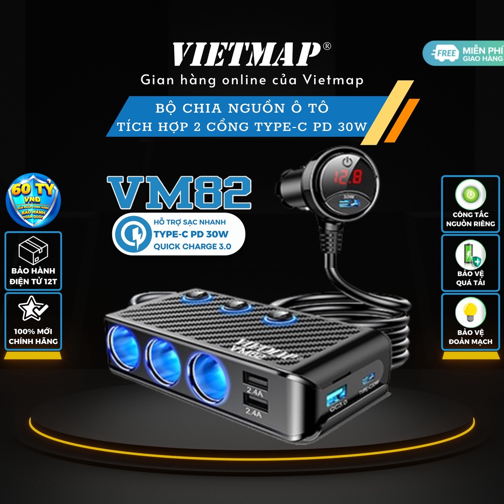 VIETMAP VM82 - Bộ chia sạc ô tô đa năng - Sạc nhanh Type-C PD 30W và QC 3.0