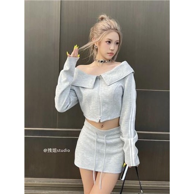 Set Áo Trễ Vai Có Khóa Kéo Và Chân Váy Lưng Cao Thời Trang Cho Nữ