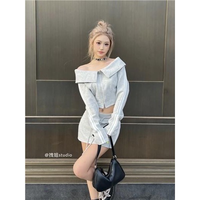 Set Áo Trễ Vai Có Khóa Kéo Và Chân Váy Lưng Cao Thời Trang Cho Nữ