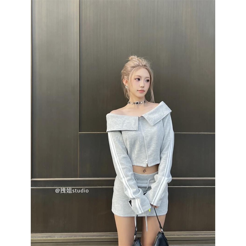 Set Áo Trễ Vai Có Khóa Kéo Và Chân Váy Lưng Cao Thời Trang Cho Nữ