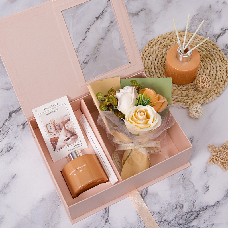 Combo hộp đựng quà tặng hai ngăn kèm túi ivory cao cấp + hoa lụa Hy Hy Store