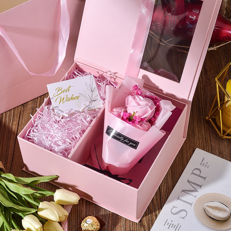 Combo hộp đựng quà tặng hai ngăn kèm túi ivory cao cấp + hoa lụa Hy Hy Store