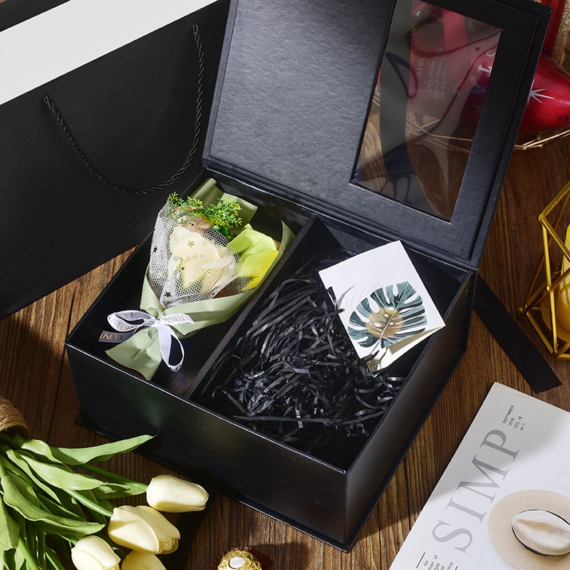 Combo hộp đựng quà tặng hai ngăn kèm túi ivory cao cấp + hoa lụa Hy Hy Store