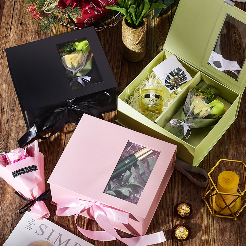 Combo hộp đựng quà tặng hai ngăn kèm túi ivory cao cấp + hoa lụa Hy Hy Store