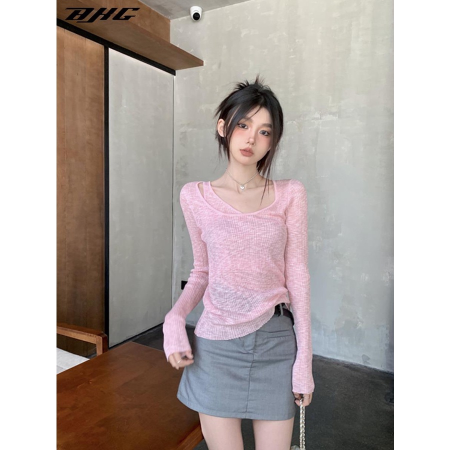 Áo Len Tay Dài Giả Hai Lớp Dáng Ôm Thời Trang Mùa Hè Dành Cho Nữ
