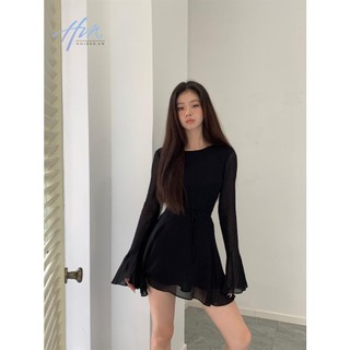 Đầm Đen Tay Dài Cột Dây Trẻ Trung Quyến Rũ Dành Cho Nữ