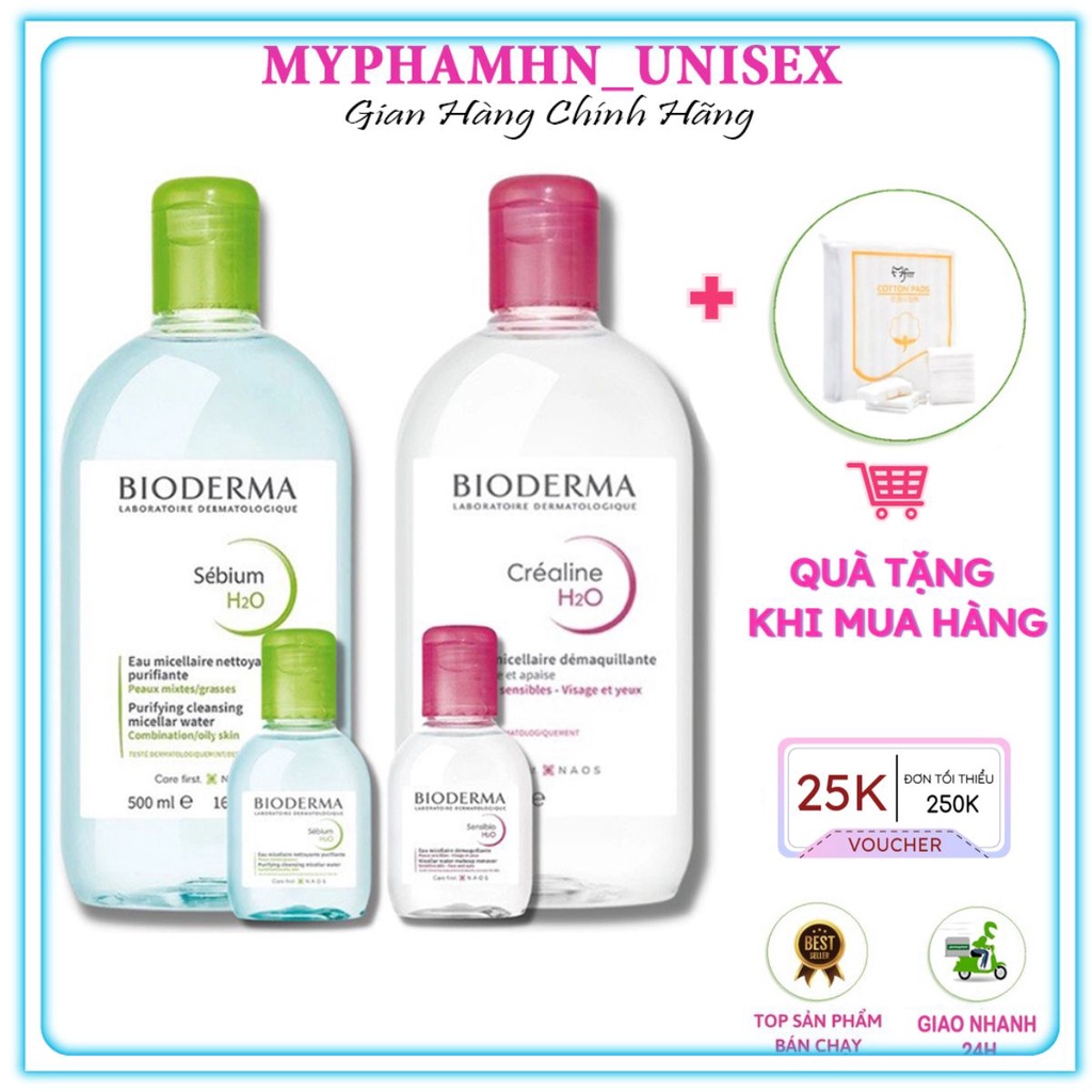 Nước tẩy trang Bioderma Crealine H2O 500ml quốc dân , nắp bật xanh , hồng dành cho mọi loại da - myphamhn_unisex