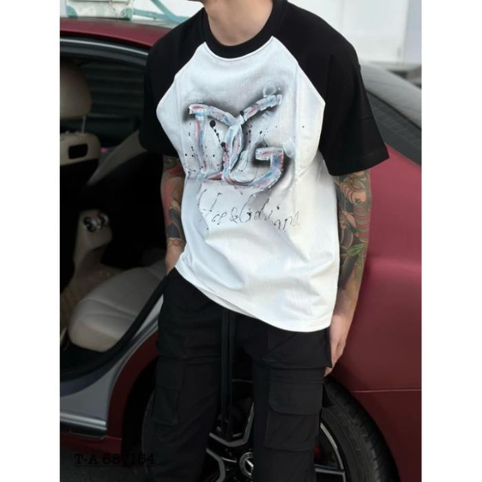 Áo thun tay phối DG Unisex Nam Nữ Áo phông cổ tròn tay lỡ dáng dài rộng chất cotton khô hàng 3158 Overszied