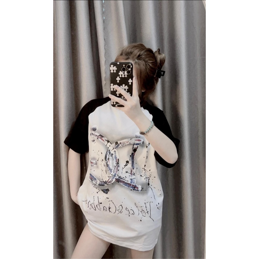 Áo thun tay phối DG Unisex Nam Nữ Áo phông cổ tròn tay lỡ dáng dài rộng chất cotton khô hàng 3158 Overszied