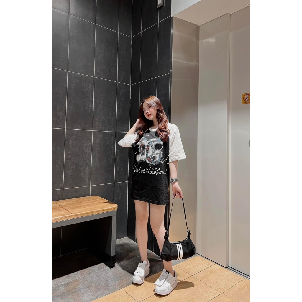 Áo thun tay phối DG Unisex Nam Nữ Áo phông cổ tròn tay lỡ dáng dài rộng chất cotton khô hàng 3158 Overszied