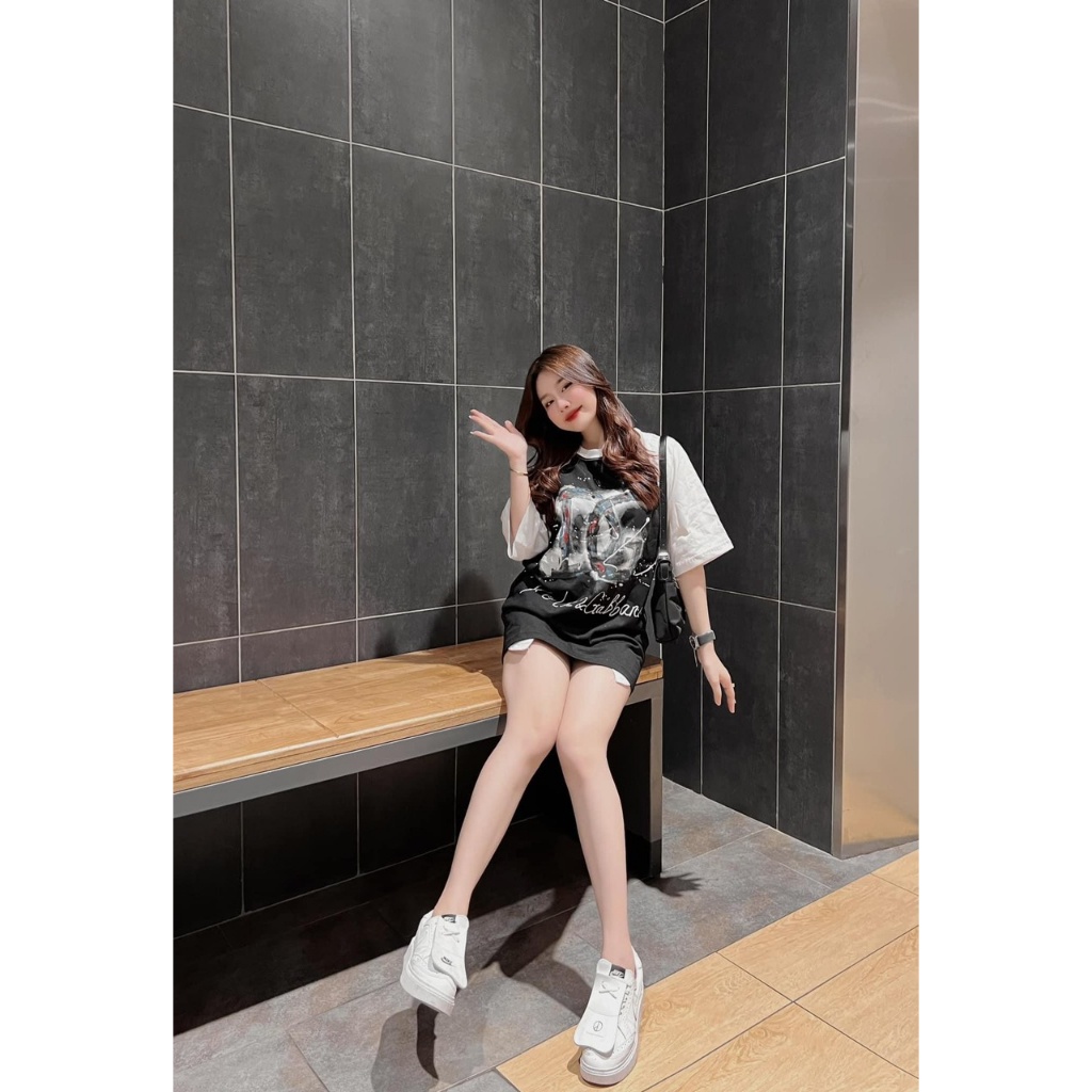 Áo thun tay phối DG Unisex Nam Nữ Áo phông cổ tròn tay lỡ dáng dài rộng chất cotton khô hàng 3158 Overszied