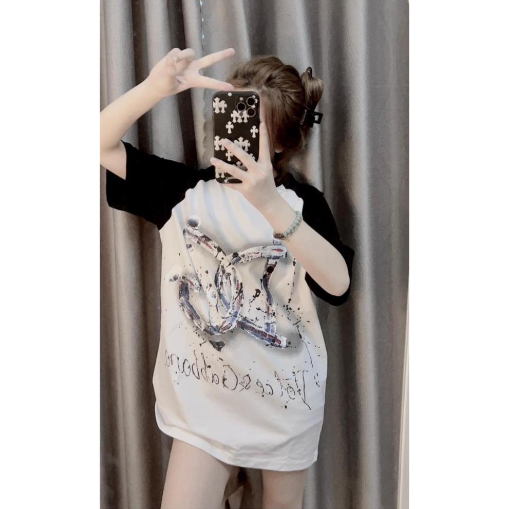 Áo thun tay phối DG Unisex Nam Nữ Áo phông cổ tròn tay lỡ dáng dài rộng chất cotton khô hàng 3158 Overszied