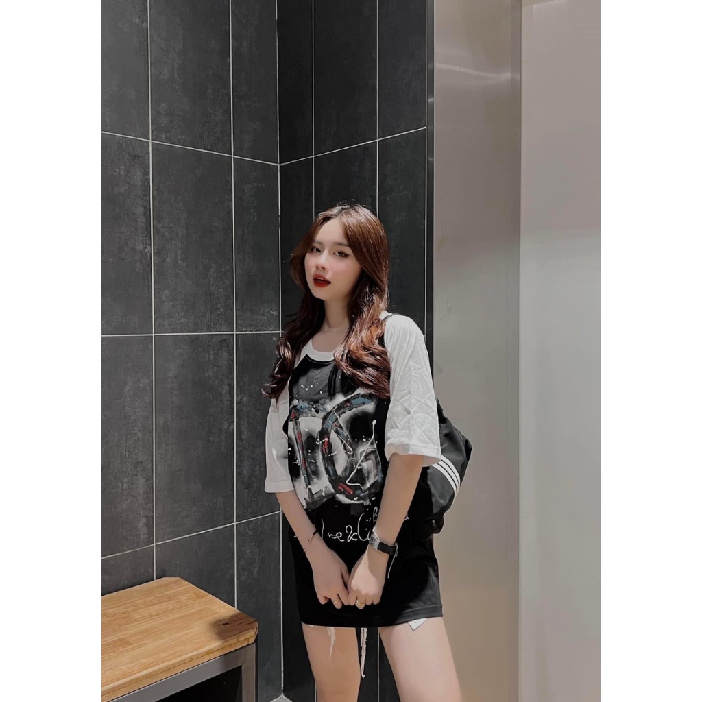 Áo thun tay phối DG Unisex Nam Nữ Áo phông cổ tròn tay lỡ dáng dài rộng chất cotton khô hàng 3158 Overszied