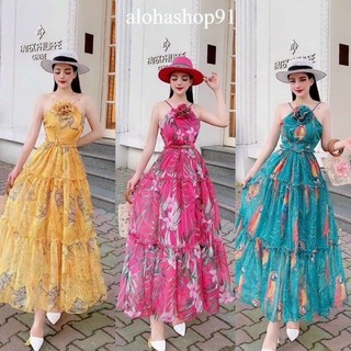 Đầm maxi nữ thời trang mặc đi chơi đầm cổ yếm nhiều màu váy xòe có đính bông trước ngực chất liệu voan hoa,