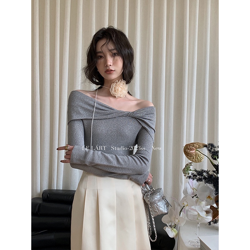 2023 autumn solid color pullover women s french elegant bright silk off-the-shoulder knitted sweater