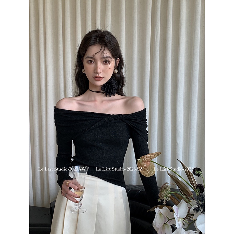2023 autumn solid color pullover women s french elegant bright silk off-the-shoulder knitted sweater