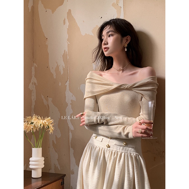 2023 autumn solid color pullover women s french elegant bright silk off-the-shoulder knitted sweater