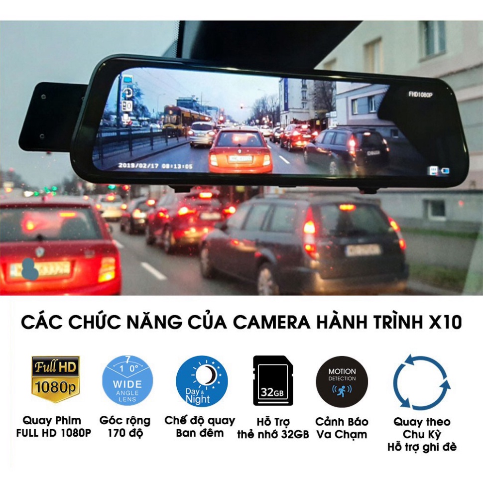 Camera Hành Trình Ô Tô V10 2K Full HD Có Kết Nối Điện Thoại, Gương Chiếu Hậu Trước Và Sau, Quay Đêm Sắc Nét