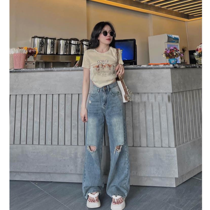 Quần bò ống loe rách đùi , Quần jean bò loe rách đùi lưng cao màu xanh hơi mài trước Dáng đẹp DC 24