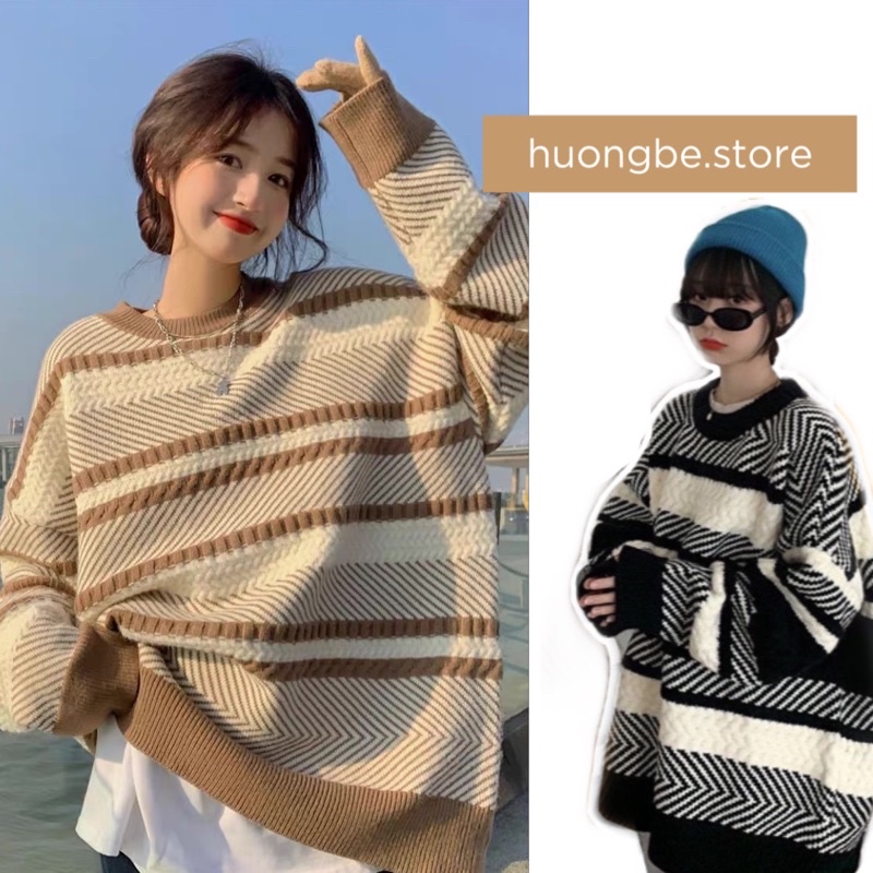 Áo len lông cừu rộng dài tay, dáng dài dày dặn, hoạ tiết kẻ đen trắng unisex Quảng Châu, có bigsize