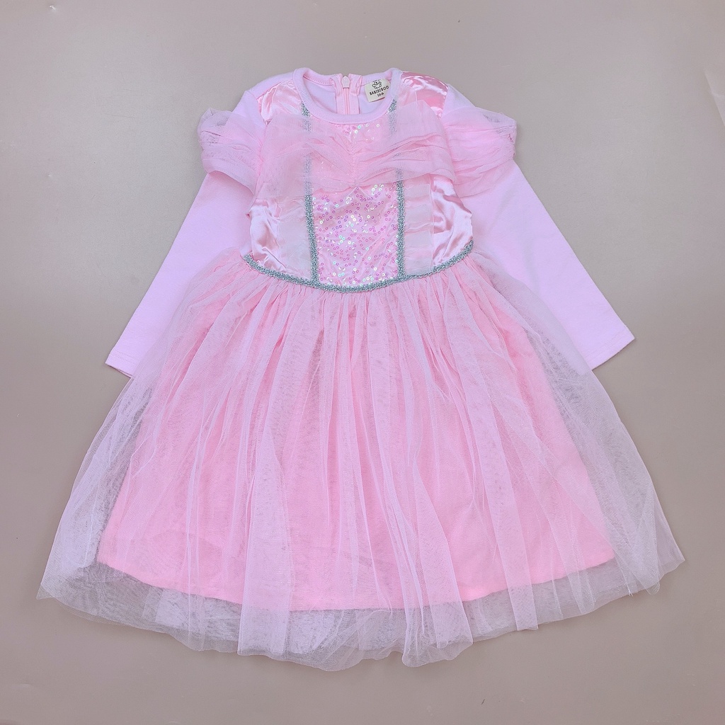 Váy nỉ Babidiboo màu hồng công chúa nhún ngực phối chân voan nhũ size 100 - 140