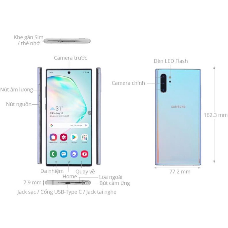 Điện thoại Samsung Galaxy Note 10+ hàng chính hãng, bộ nhớ lưu trữ 512GB, Bảo Hành 12 tháng, tặng linh phụ