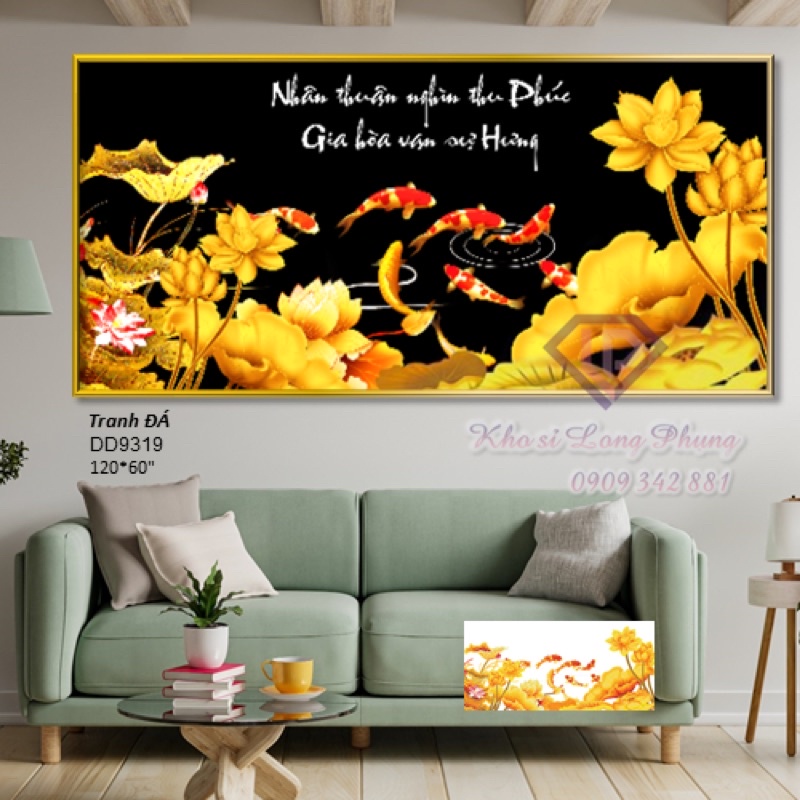 (Kho sỉ)Tranh đính đá CÁ CHÉP HOA SEN VÀNG D9319 ,120x60 cm ( chưa đính)