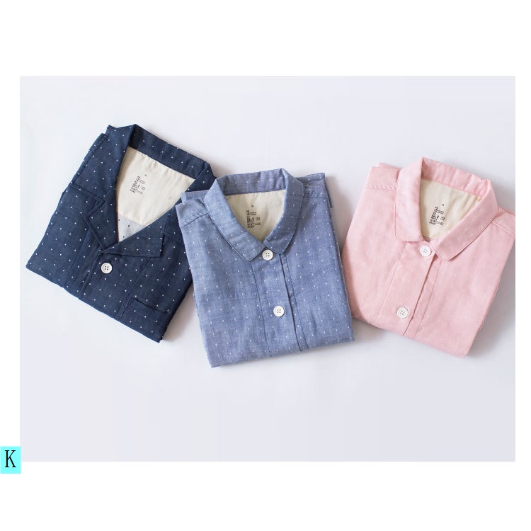 Bộ Đồ Ngủ Pajamas Vải Gạc Đôi Không Đường May Họa Tiết Chấm Bi Nhỏ Phong Cách Nhật Bản Cho Cặp Đôi