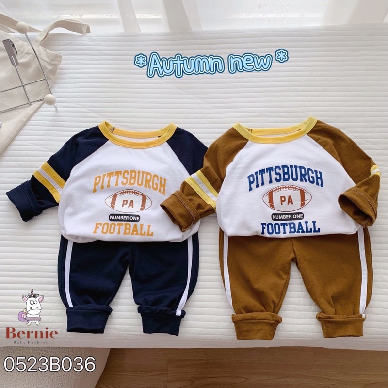 Bộ thu đông bé trai Pittsburgh Bernie GS - Bộ dài tay bé trai cotton phối sọc trắng cho bé từ 9-23kg- 0523B036