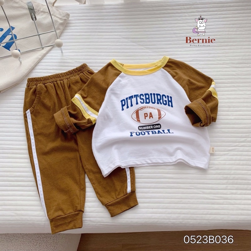 Bộ thu đông bé trai Pittsburgh Bernie GS - Bộ dài tay bé trai cotton phối sọc trắng cho bé từ 9-23kg- 0523B036