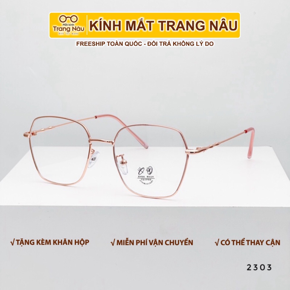 Gọng kính kim loại thiết kết mắt vuông bo tròn viền, tròng 0 độ có thể thay lắp mắt cận NG.2303
